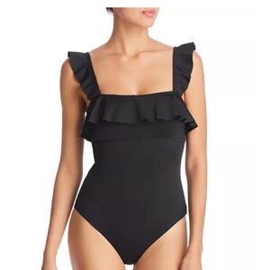 Eberjey So Solid Jane Black Ruffled One-Piece Swimsuit Size Large